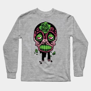 Pink and Green Ink-Rose Skull Long Sleeve T-Shirt